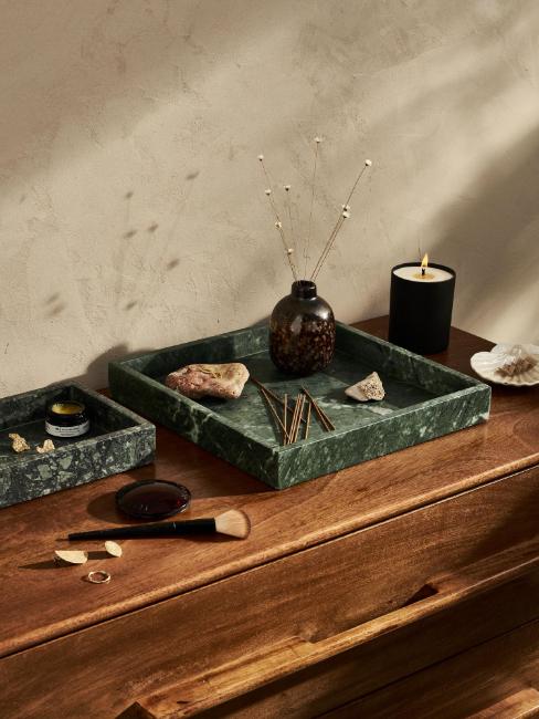 cadeau pour maman, plateau en marbre vert, bougie, diffuseur de parfum