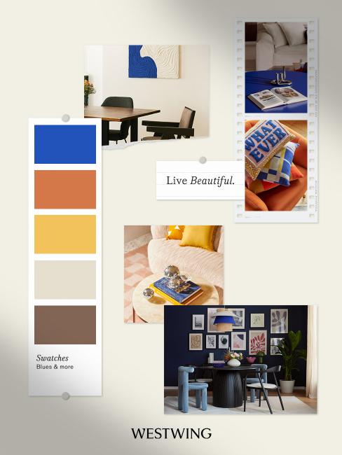 quelle couleur avec bleu cobalt, moodboard, bleu cobalt, jaune paille, orange caramel, beige, bistre