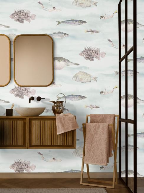 papier peint motifs marins, salle de bain