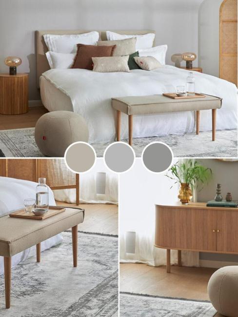 palette et moodboard, gris et beige, chambre