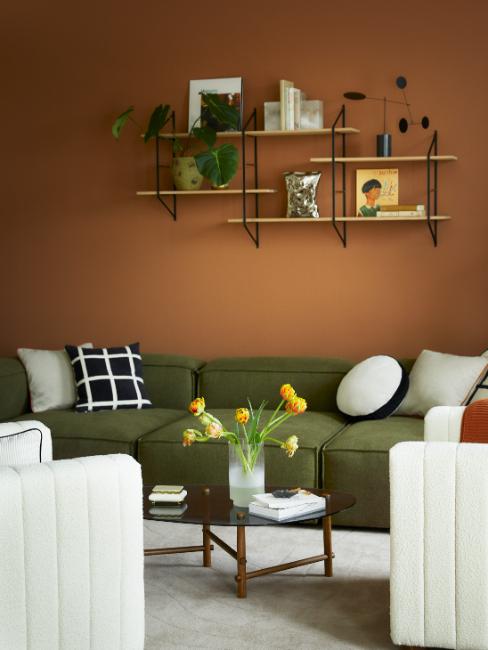 salon terracotta et vert, peinture terracotta et canapé vert olive