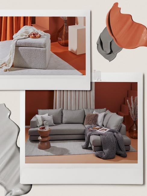 moodboard salon terracotta et gris, canapé gris perle et peinture terracotta