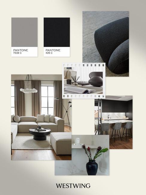 moodboard, couleurs gris et noir pour un salon minimaliste