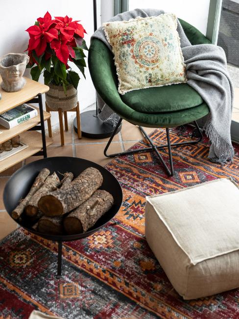 salon bohème ethnique avec brasero et coussin de sol