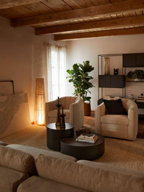 salon avec canapé et fauteuils beige et grande plante