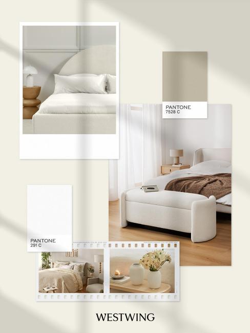 moodboard présentant les couleurs pour une beige et blanc crème pour chambre scandinave