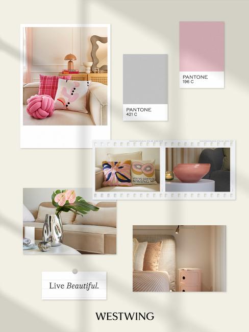 moodboard avec association de couleurs tendance gris et rose pâle