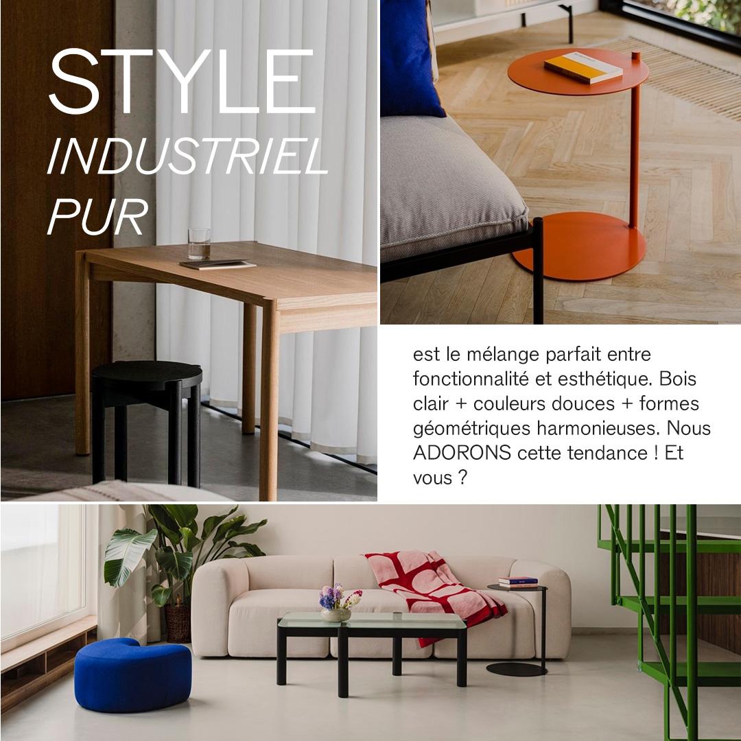 moodboard salon industriel moderne coloré avec table basse en verre et en métal