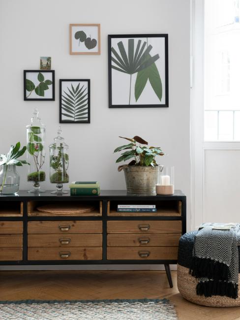 commode industrielle avec plantes et feuilles séchées encadrées