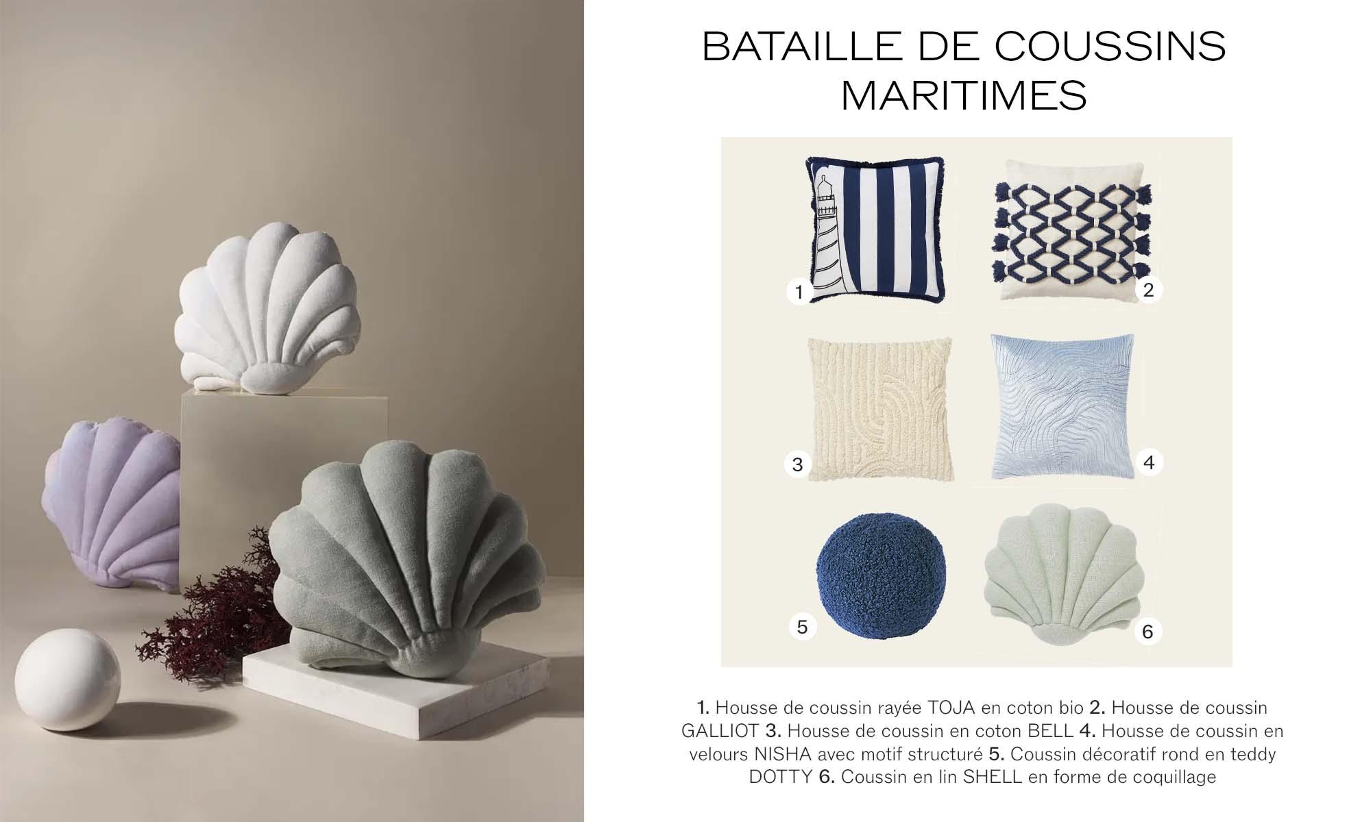 moodboard avec coussins pour une déco bord de mer