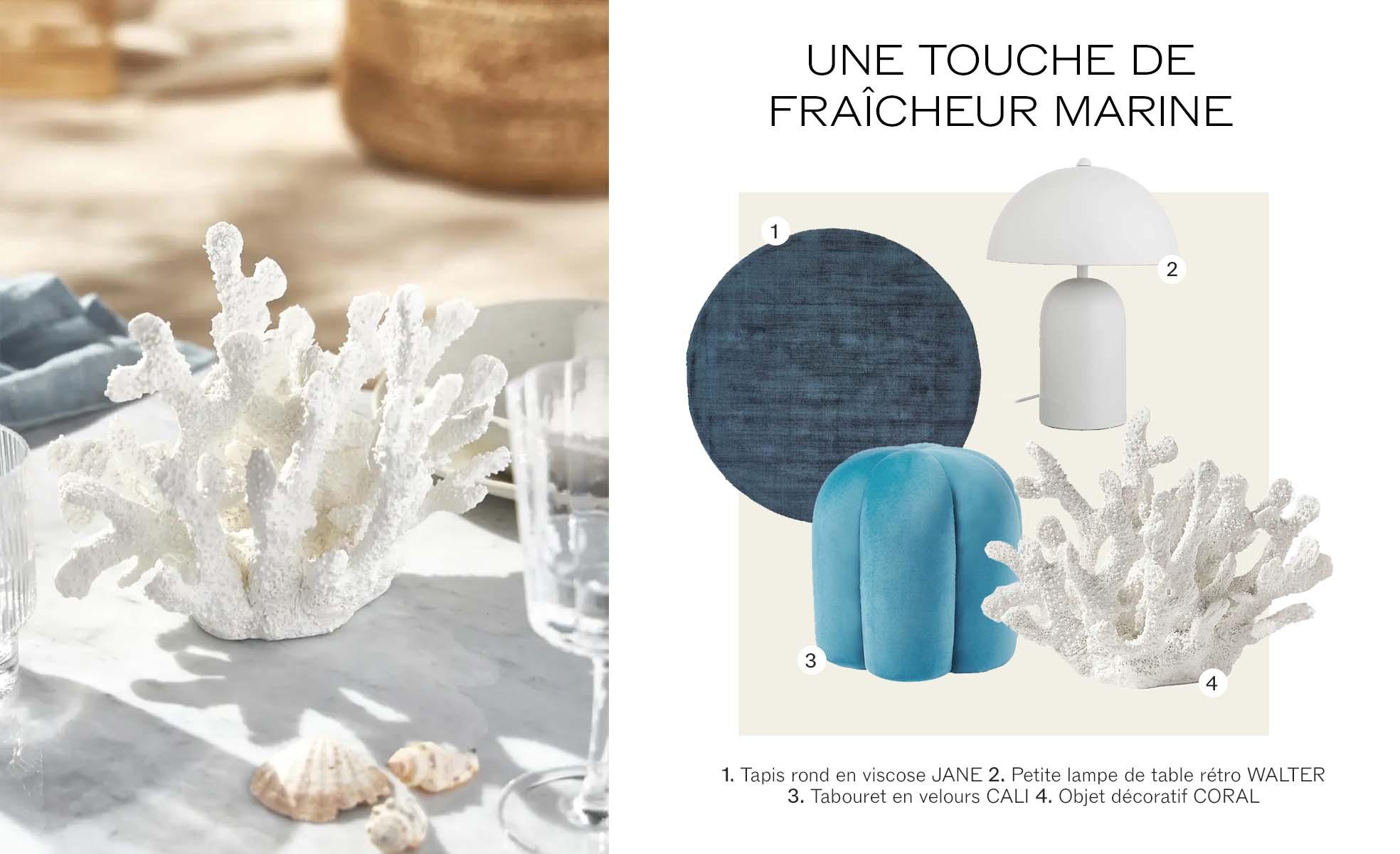 moodboard avec corail et coussins pour déco bord de mer