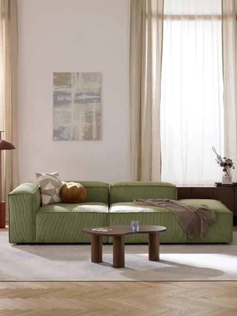 salon avec canapé en velours côtelé vert kaki