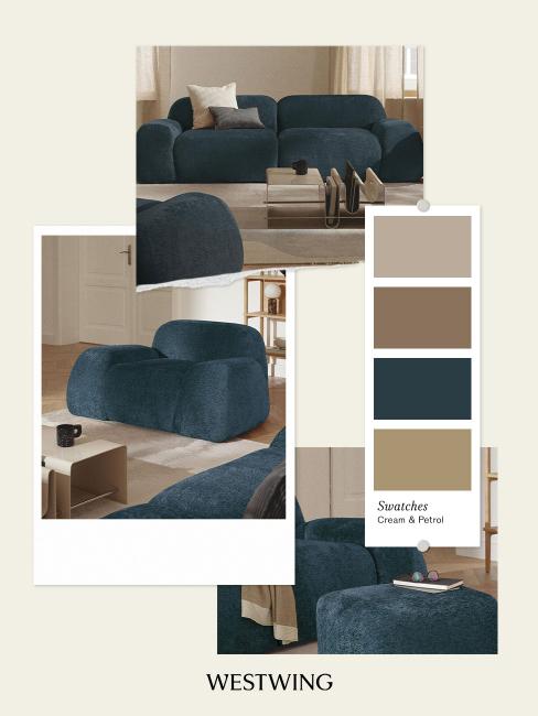 moodboard, couleurs avec bleu canard, beige foncé