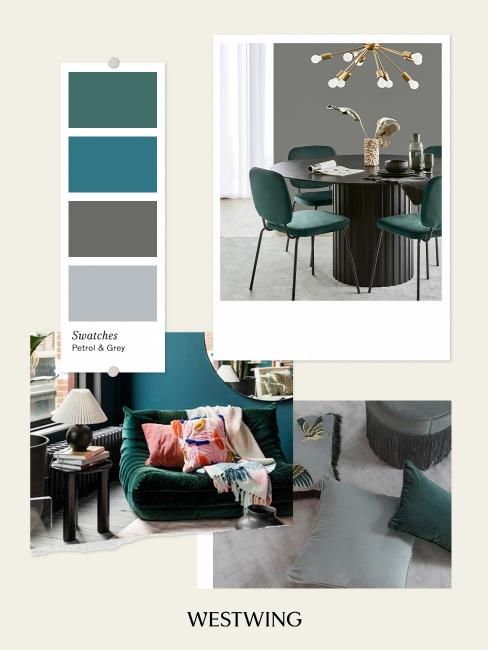 moodboard, couleurs avec bleu canard, gris