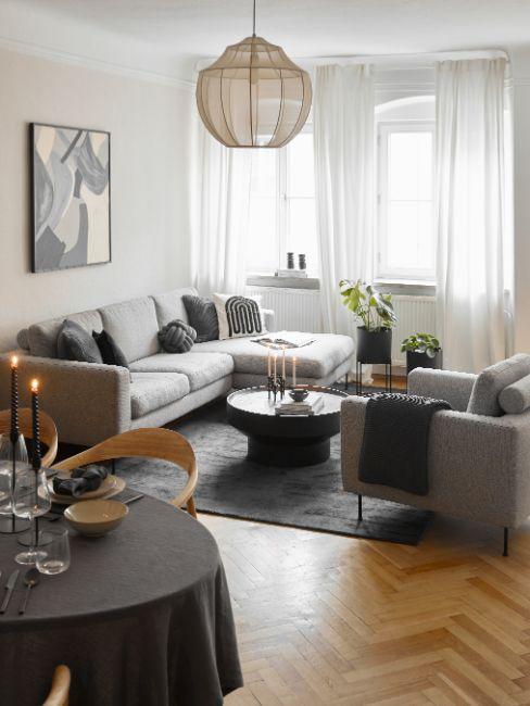 salon gris anthracite, gris clair, blanc et noir