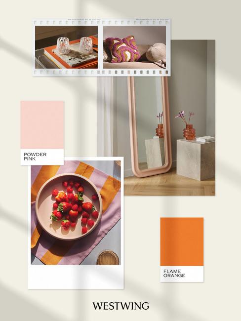 moodboard couleurs pastel, rose pastel et orange flamme