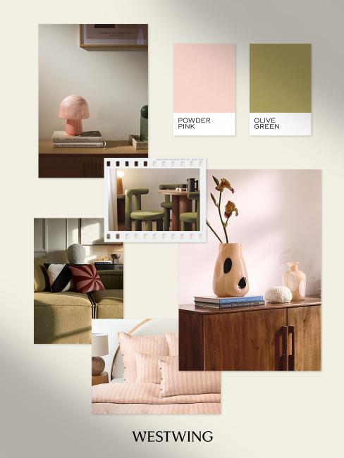 moodboard, rose pastel et vert olive clair