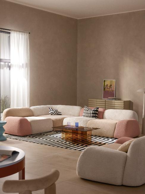 canapé d'angle modulable rose, blanc et beige