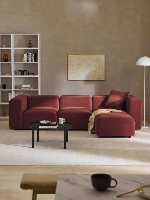 canapé modulable en velours rouge lie de vin