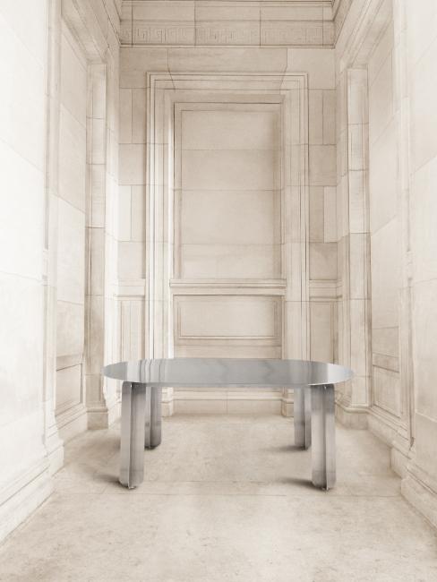 table à manger en acier inoxydable revisitée par Harry Nuriev