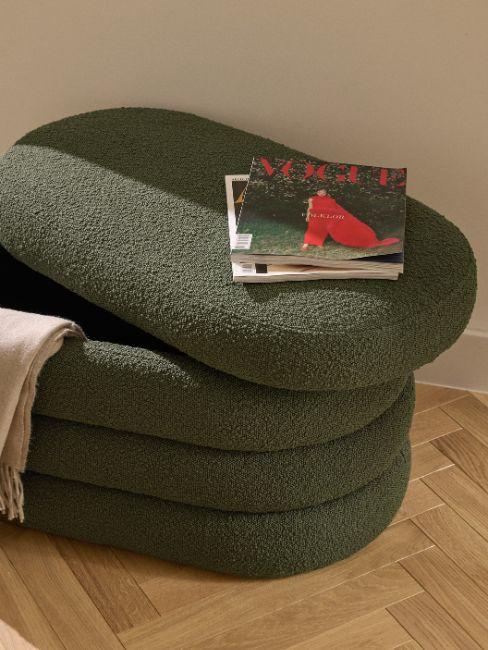 panca contenitore verde scuro in tessuto bouclé