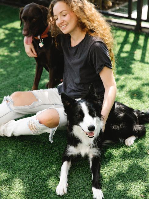 Ragazza con cani su prato sintetico