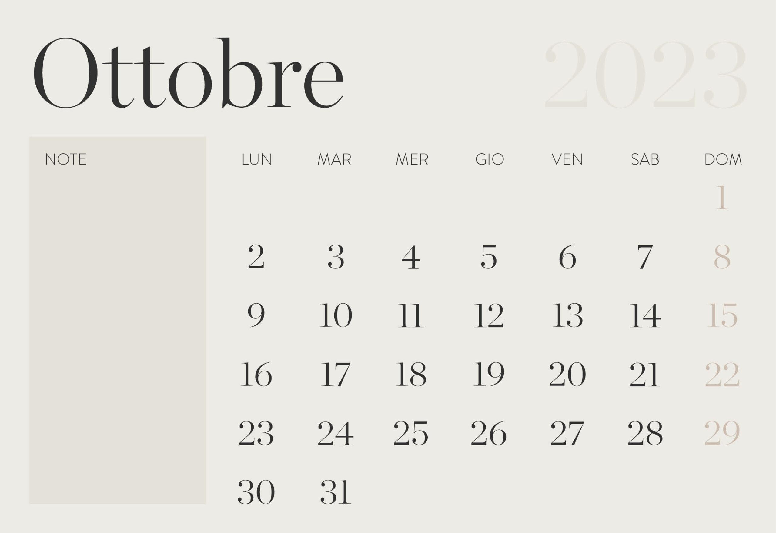 calendario ottobre 2023