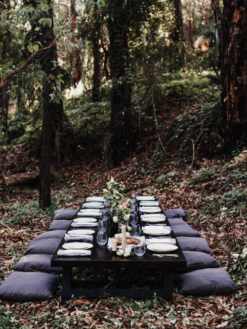 tavolo di legno nel bosco apparecchiata con cuscini