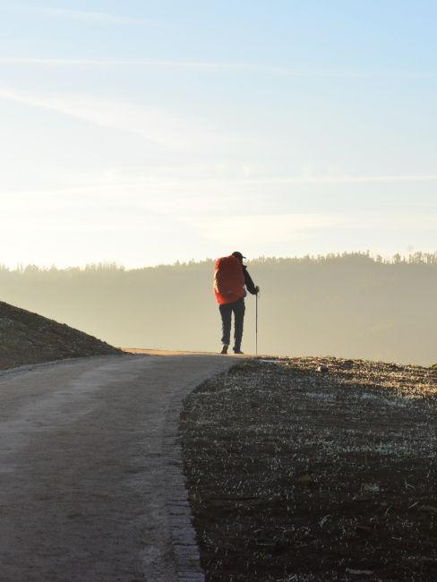 persona che cammina su sentiero all'alba