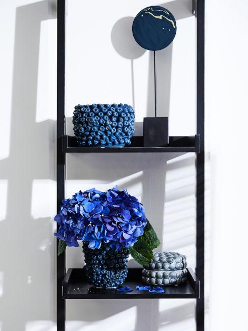 Oggetti decorativi blu su scaffale nero