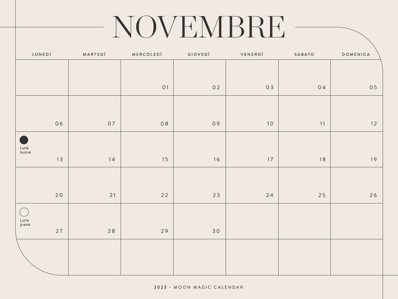 Calendario lunare 2023 novembre