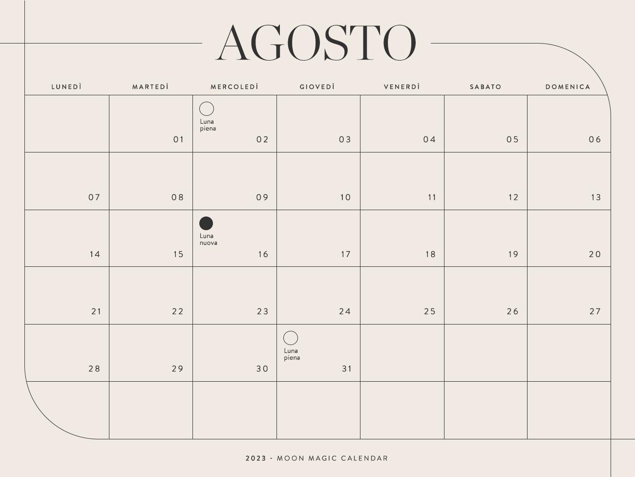 Calendario lunare 2023 agosto