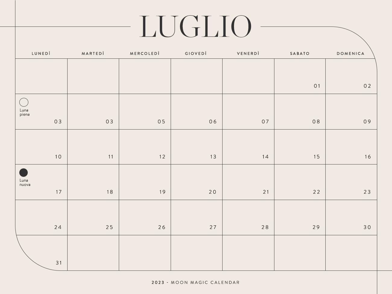 Calendario lunare 2023 luglio