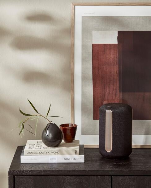 zwarte speaker op zwarte kast