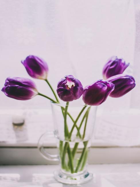 Boeket van paarse tulpen in een transparante glazen vaas op tafel