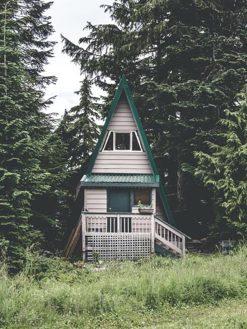 Wit tiny house met groen puntdak in bosrijke omgeving