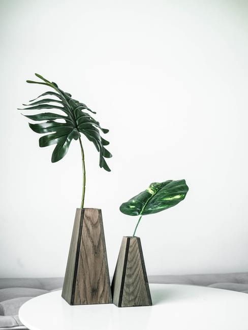 Een eenvoudige opstelling van planten in een modernistische vaas in Japanse stijl Ikebana