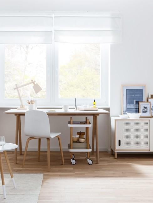 ideale werkplek met een houten bureau en witte stoel