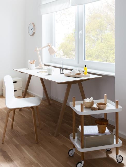 thuis werkplek met een houten bureau en witte stoel