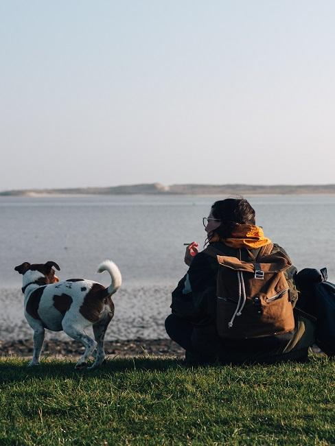 man met hond aan zee