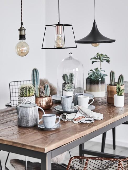 veel planten op een houten tafel met metalen en bronzen lampen en stoelen