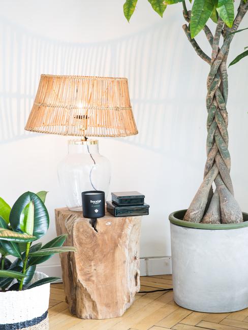 Rotan hanglamp op bijzettafel naast een plantenpot