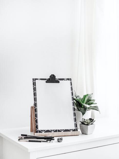 Neutrale tinten : Planten in witte plantenpotten op houten sideboard