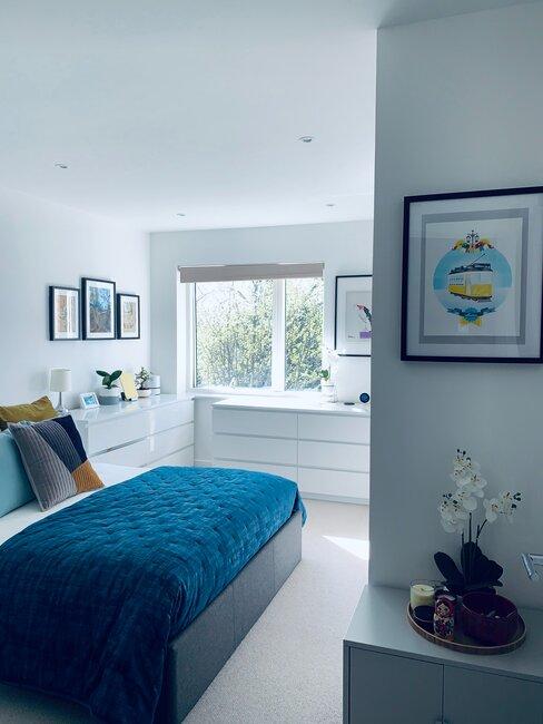 Slaapkamer blauw titel image Blauwe slaapkamer met blauw dekbed