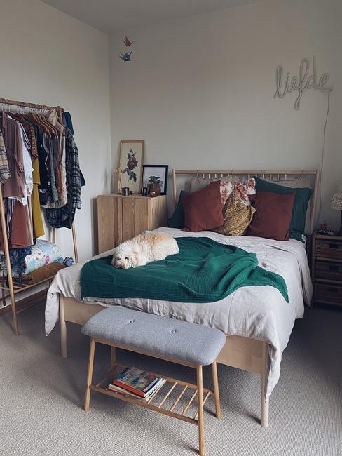 Slaapkamer liesbeth de puysseleir met groen plaid en hond op het bed