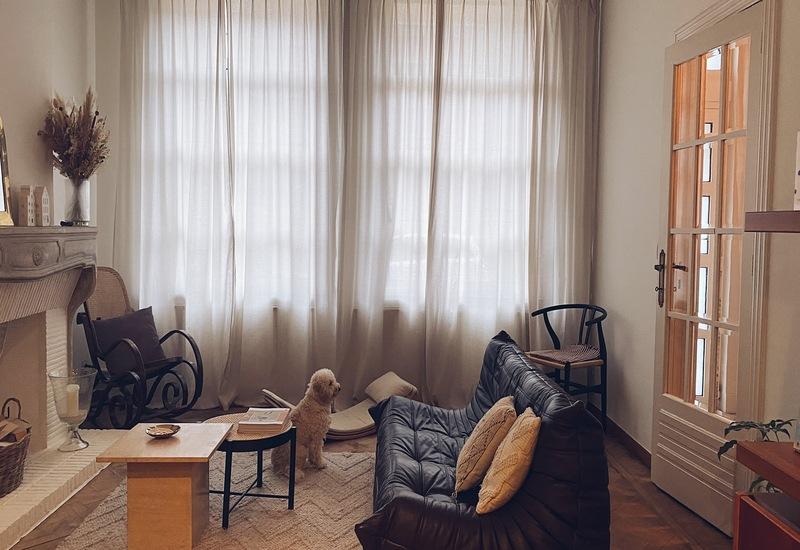 huiskamer liesbeth met zwarte bank en hond