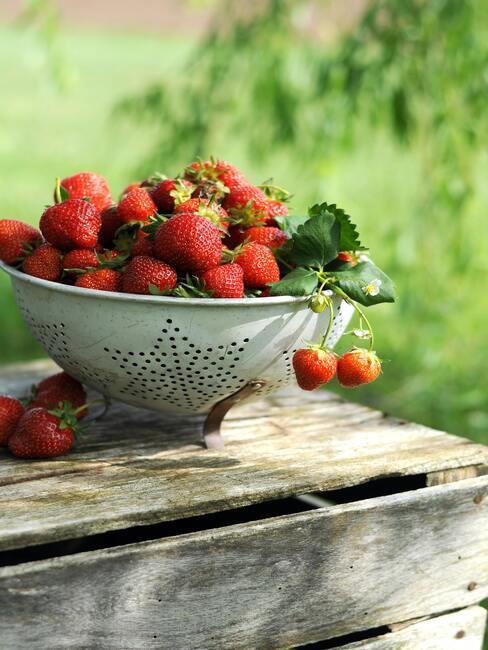 rood fruit in vergiet op een houten buitentafel
