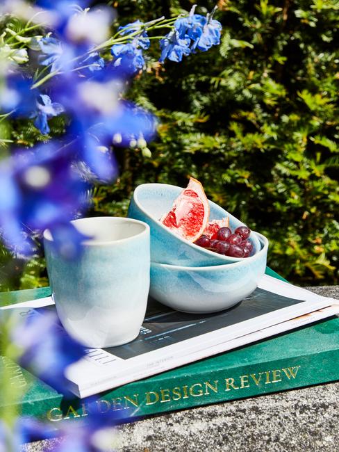 groen met blauw servies in een tuin