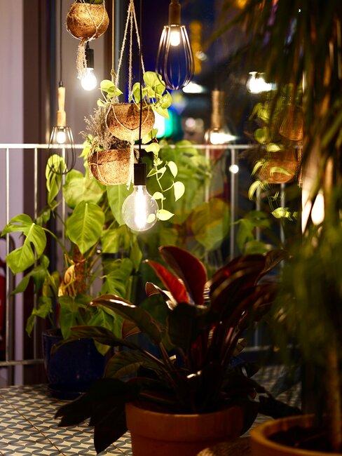 veranda met bloempotten en verlichting