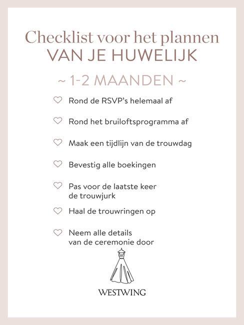 bruiloft organiseren checklist 1-2 maanden